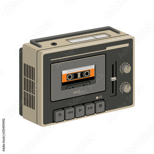 Retro cassette player vector illustration, vintage portable audio tape recorder with buttons, knobs, and speakers for music lovers