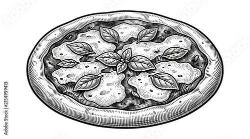 Hand-drawn pizza engraving with tomatoes and basil.