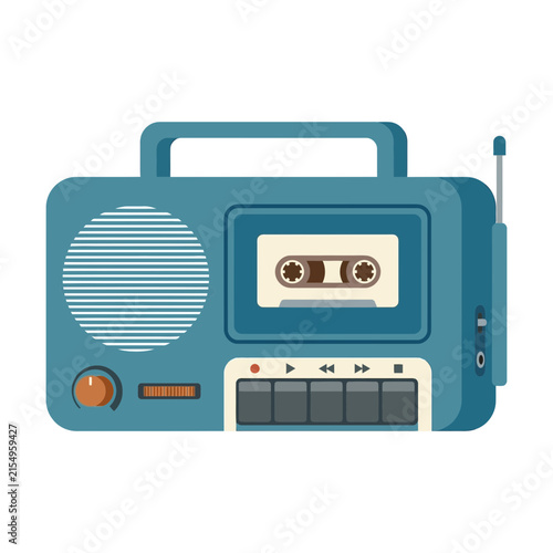 Retro blue boombox with cassette tape and speaker in flat vector style for music and audio design themes