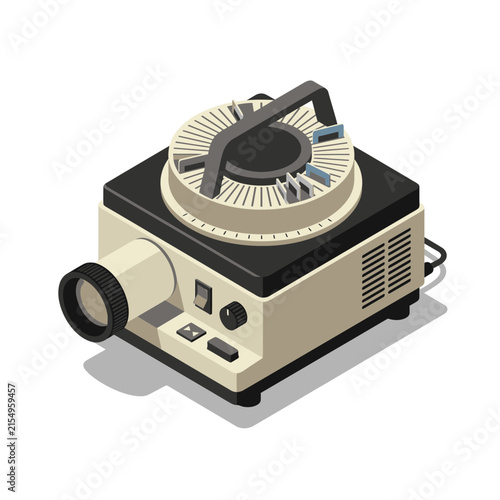 Retro isometric vintage carousel slide projector for photographic media and visual presentations isolated on white background