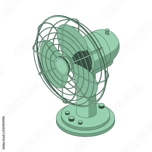Retro green electric table fan vector illustration in isometric view for cooling and summer ventilation
