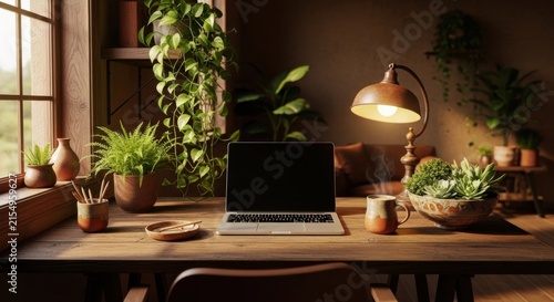 Cozy Home Office Setup With Laptop And Plants