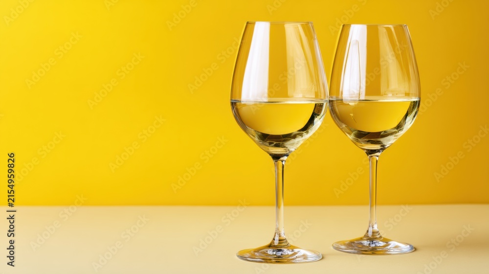 Obraz premium Two elegant wine glasses filled with refreshing white wine are beautifully presented on a bright yellow surface