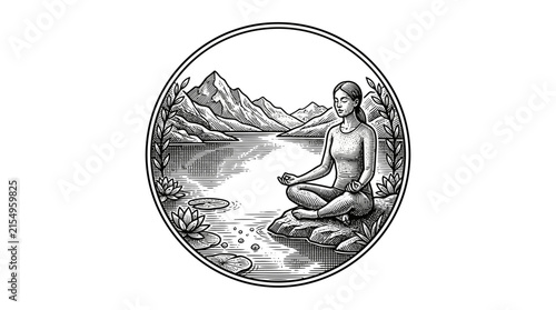 Meditating woman by serene mountain lake circular art.