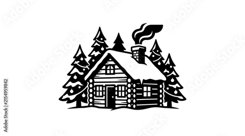 Minimalist black and white winter log cabin silhouette.