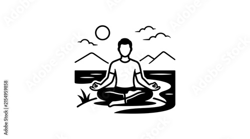 Person meditating in lotus pose by mountain lake.