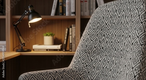 Cozy Home Office With Bookshelf Desk Lamp And Textured Chair