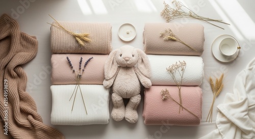 Cozy Home Essentials and Bunny Toy Flat Lay