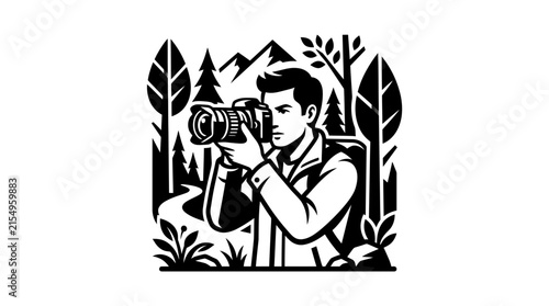 Photographer with telephoto lens in mountain forest.