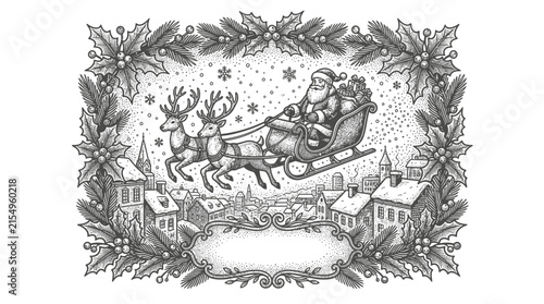 Santa Claus sleigh over winter village with holly frame.