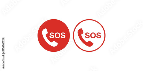 Картината върху платно Red sos emergency call icons with telephone handset silhouette and round button shapes