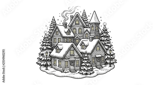 Snowy winter village with houses and pine trees.