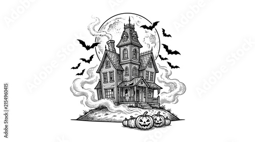Spooky haunted mansion with bats and pumpkins engraving.