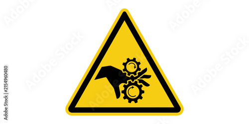 Fotografie Warning sign for crushing hazard with hand and gears.