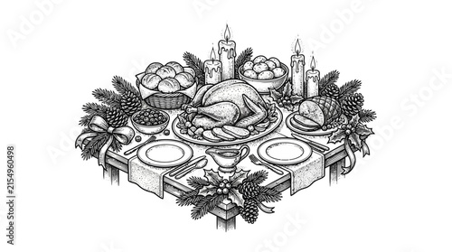 Traditional Christmas roast turkey dinner table setting engraving
