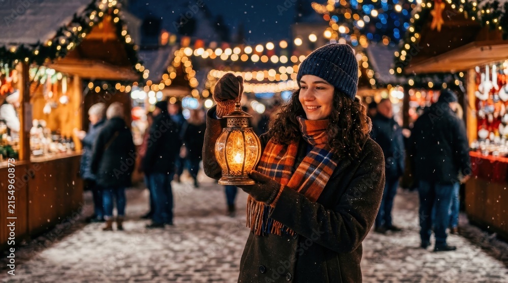 Fototapeta premium Woman holding a glowing lantern at a snowy Christmas market at night