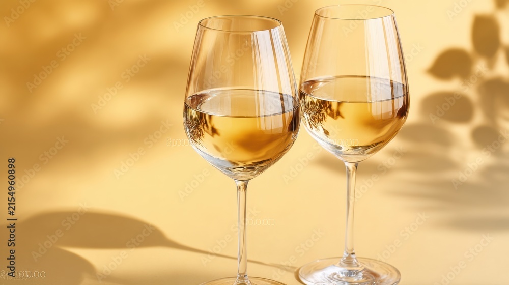 Obraz premium Two elegant wine glasses filled with refreshing white wine are beautifully presented on a bright yellow surface