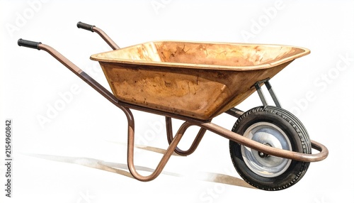 Aged Metallic Construction Wheelbarrow with Single Rubber Tire and Weathered Tray Isolated on Plain White Background for Construction and Gardening Equipment Concept