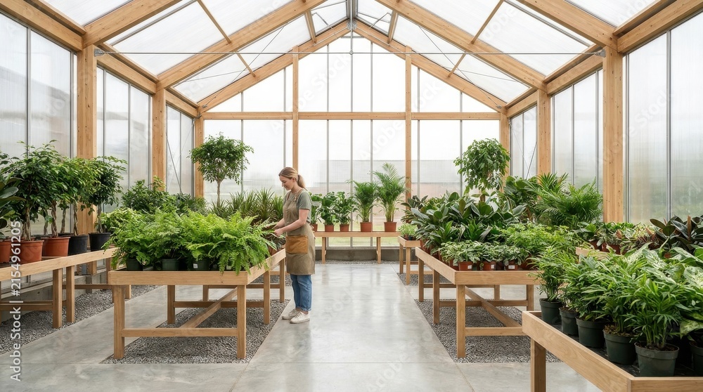 Fototapeta premium Woman tending to lush green plants inside a modern wooden greenhouse