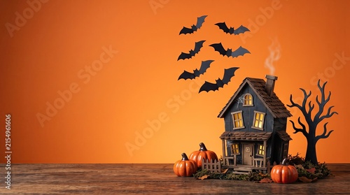 A spooky haunted house miniature with pumpkins and bats flying against a vibrant orange background for halloween holiday celebration