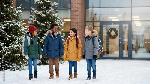 Diverse group of four primary school children walking together in the snow outside a modern building decorated with Christmas trees and a festive wreath, wearing colorful winter coats.