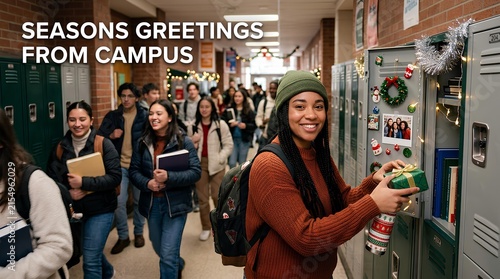 Young woman student smiling in high school hallway during winter holidays, holding a gift at a decorated locker with Seasons Greetings from Campus text and students in background.