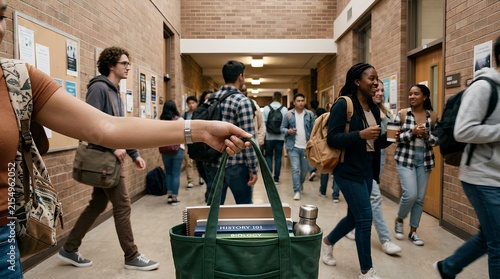 Diverse college students walk through a brick hallway. Foreground features a hand holding a green tote bag packed with History 101 and Biology textbooks and a water bottle.
