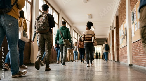 Diverse college students walking through a sunlit educational building hallway with backpacks and books, captured from a low perspective showing academic movement and transition.