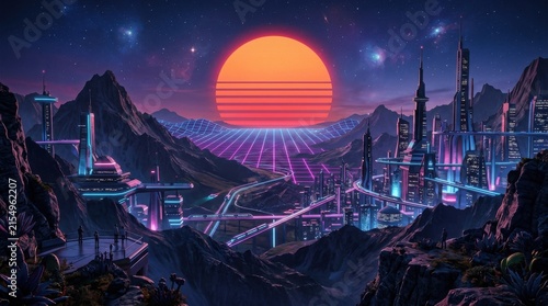 Retrofuturistic cityscape with neon grid and sunset over mountains