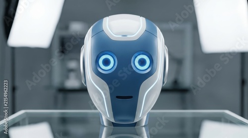Futuristic android assistant head with glowing blue eyes and sleek design