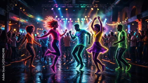 Energetic crowd dancing under vibrant neon lights at a lively party