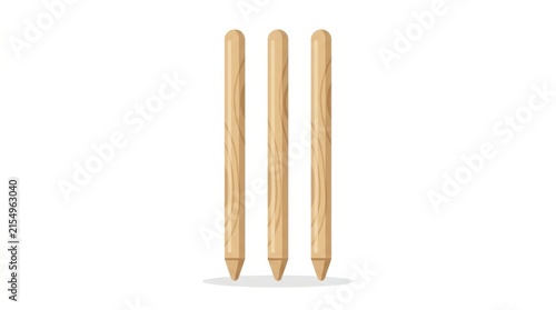 Three wooden cricket stumps stand isolated on a white background