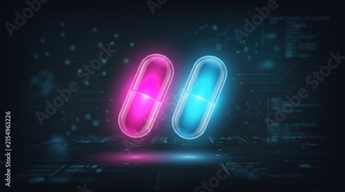 Two glowing pharmaceutical capsules, one pink and one blue, on a digital background