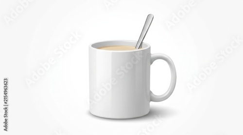 White ceramic mug filled with light brown beverage and a silver spoon