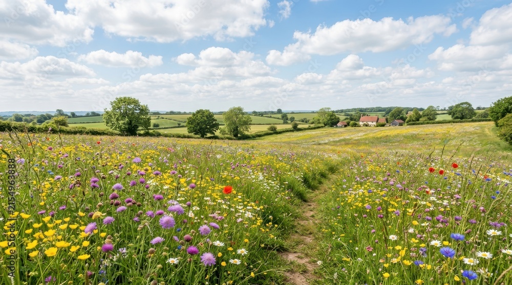 Obraz premium Vibrant wildflower meadow in full bloom under a bright blue sky with fluffy clouds