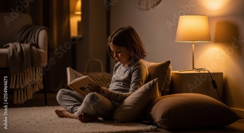 Cozy Evening Reading For Young Child Illuminated By Warm Table Lamp Light