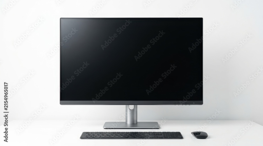 Fototapeta premium Modern computer monitor with keyboard and mouse on a clean white desk