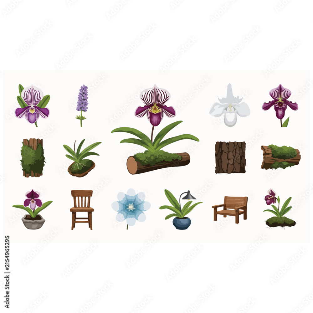 Fototapeta premium Exquisite botanical illustration set with tropical slipper orchids, mossy wooden logs, potted house plants and rustic furniture on clean white background, concept for nature design, perfect for