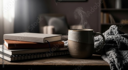 Cozy Evening Reading With Hot Beverage And Stacked Books