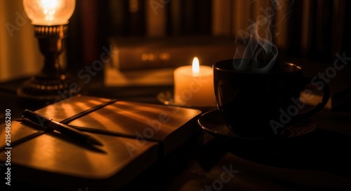 Cozy Evening Reading With Warm Drink And Candlelight