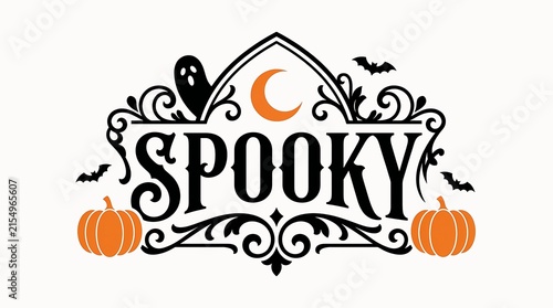 Halloween typography featuring spooky lettering with pumpkins ghost bats and crescent moon pumpkin ornament vector