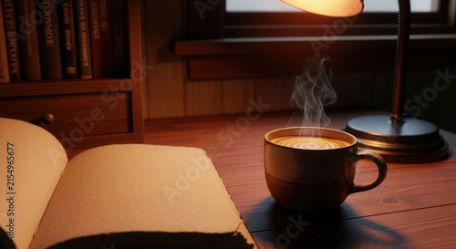Cozy Evening Study With Hot Coffee And Open Book On Desk