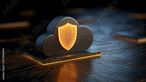 Tapety artystyczne A cloud with a shield rests on a microchip representing secure cloud computing and protected digital data infrastructure. 