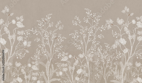 Canvastavla Chinoiserie floral wallpaper mural with white blooming trees, peonies, and birds