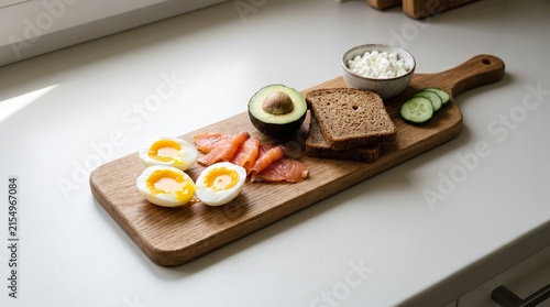 Wooden breakfast board with soft-boiled eggs, smoked salmon and avocado, healthy morning spread