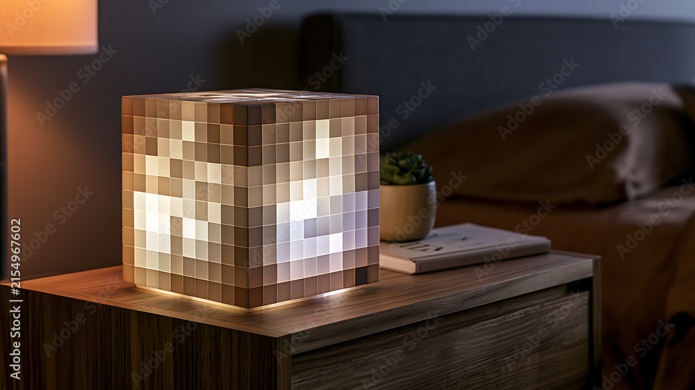 Naklejka premium Modern pixelated cube lamp glowing on a wooden nightstand
