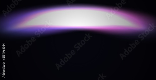 Abstract horizontal arc of glowing white light with soft purple and violet gradient edges, isolated on a solid black background, digital light effect