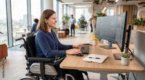 Smiling woman in wheelchair working at office desk