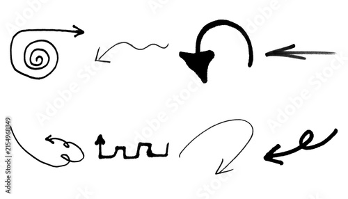 Set of hand drawn arrows and doodle shapes in black ink