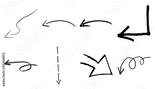 Hand-drawn black arrow set, collection of 8 sketchy ink pointers, minimalist doodle directional signs on white background